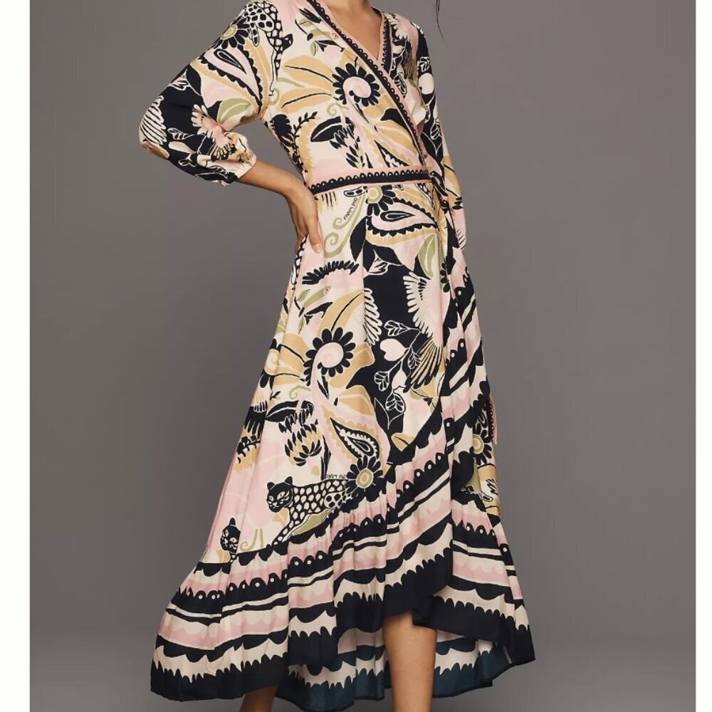 Farm Rio For Anthropologie Long-Sleeve V-Neck Wrap Midi Dress